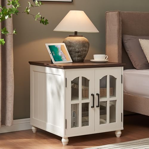 RWYHG Farmhouse End Table with Charging Station,24" Large Sofa Side Table with Glass Barn Door,Rustic Wood Night Stand with Adjustable Storage Shelf,Square Bedside Table for Living Room,Bedroom Office - color: White, size: Set 1