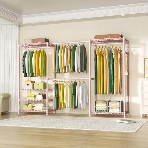 Ulif E1 Heavy Duty Closet Garment Rack, 6 Tiers Adjustable Metal Freestanding Expandable Clothing Storage with 4 Hanger Rods, Easy to Assemble Wardrobe, 71.4" H x (70" - 88.2") L x 14" D, Pink - color: Pink