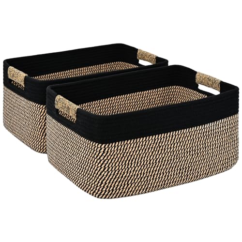 2 Pack Large Storage Basket for Organizing, 17.5"x13"x7" Woven Basket for Shelves, Closet Cube Storage Bins with Wrapped Handle, Cotton Rope Baskets for Kitchen, Clothes, Toys(Black & Brown) - color: Black & Brown, size: 2 Pack