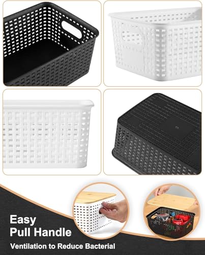 EOENVIVS Storage Bins with Lids 6 Pack, Plastic Storage Basket with Bamboo Lids for Pantry Organization and Storage Containers for Shelves Drawers Desktop Closet Playroom Classroom Office Home, Black - color: Light White