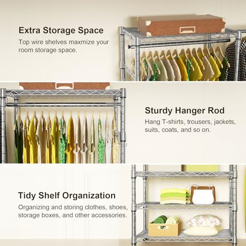 Ulif E1 Heavy Duty Closet Garment Rack, 6 Tiers Adjustable Metal Freestanding Expandable Clothing Storage with 4 Hanger Rods, Easy to Assemble Wardrobe, 71.4" H x (70" - 88.2") L x 14" D, Chrome - color: Chrome