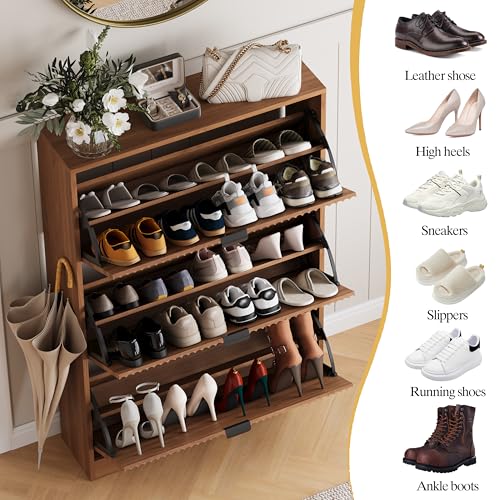 Shoe Cabinet Storage for Entryway with 3 Flip Drawers, Walnut Fluted Shoe Cabinet with Adjustable Shelves, Wooden Hidden Shoe Rack Freestanding Narrow Slim Shoes Storage for Hallway, Entrance - color: Walnut, size: 3 Drawer