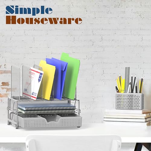 Simple Houseware Mesh Desk Organizer with Sliding Drawer, Double Tray and 5 Upright Sections, Silver - color: Silver