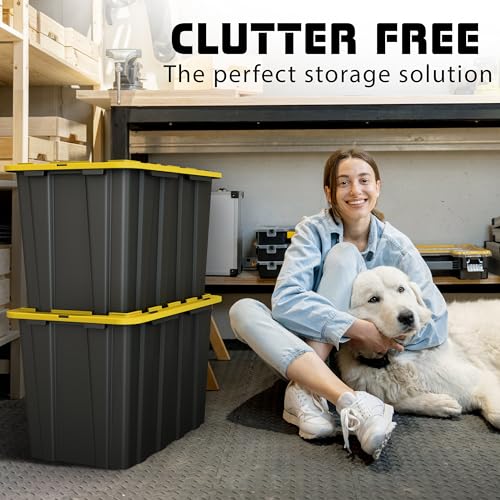 4 PACK X-Large Black & Yellow Storage Bins | Plastic Tote Organizing Container with Secure Latching Lids, Stackable, Extra Strength with Built in Handle | Black and Yellow Bins | 24.5" x 16.5" x 16.6" - size: X-LARGE - 24.5" x 16.5" x 16.6"