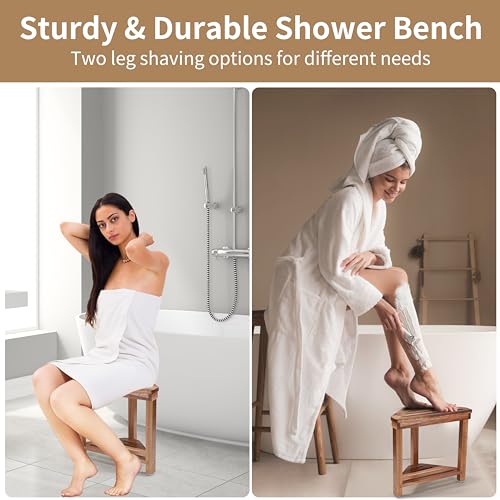 Boulphia Shower Foot Rest 14in, Acacia Wood Shower Stool for Shaving Legs, Waterproof Corner Shower Stool with Storage Shelf for Inside Small Shower Spaces, Wood Color - color: Wood Color
