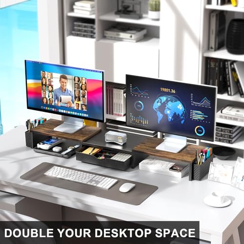 gianotter Dual Monitor Stand Riser, Desk Organizer With Drawer and 2 Pen Holders,Computer Monitor Stand, Desk Shelf for Top of Desk, Wood - color: Wood