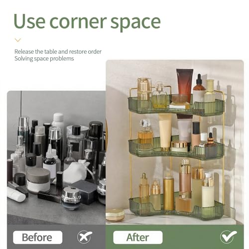 INVSSENE Corner Bathroom Countertop Organizer, Vanity Trays for Bathroom Counter, Makeup Organizer, Perfume Tray, Kitchen Spice Rack, Fits 90 Corner(Green, 3 Tiers) - color: Green, size: 13.6" x 10" x 23.2"