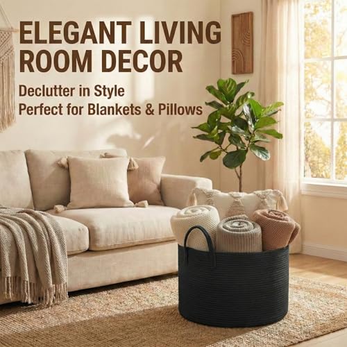 JMvicyroam 115L Extra Large Blanket Basket for Living Room - Woven Cotton Rope Laundry Hamper with Reinforced Handles - Storage Bin for Pillows, Comforters & Toys - Machine Washable,Black - color: Black, size: 115L