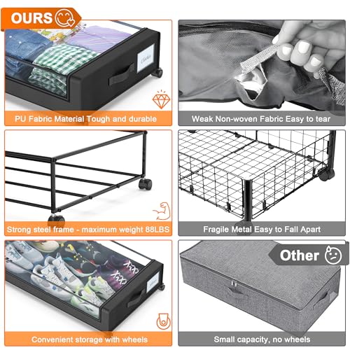Under Bed Storage with Wheels, 2-Pack Under Bed Storage Containers with Clear Lids, XXL 60L Under the bed storage Organizer Bins, Rolling Under Bed Metal Drawer for Clothes,Shoes,Toys (Black, 2 Pack)