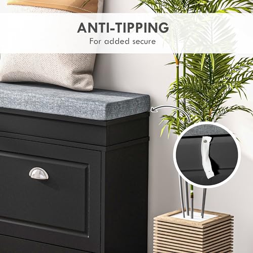 HOMCOM Modern Shoe Rack Bench for Entryway, Storage Organizer with Cushion, 2 Drawers, Adjustable Shelf, Holds 8 Pairs, Black - color: Black