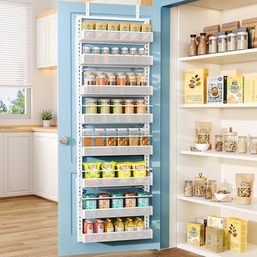 SNTD 8 Tiers Over the Door Organizer - Height Adjustable Pantry Organizers and Storage with Dense Mesh Baskets, Anti-Swing Hanging Door Spice Rack for Kitchen Bathroom (White, 17" W x 6" D x 69" H) - color: White, size: 17"W x 6"D x 69"H