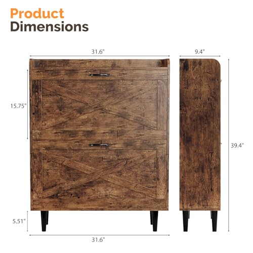 VINGLI Shoe Storage Cabinet for Entryway with 2 Flip Drawers, Ultra Slim Freestanding Entryway Shoe Organizer with Wood Tapered Legs,Hidden Closed Shoe Rack,31.6" W * 9.4" D * 39.4" H, Rustic Brown - color: Rustic Brown, size: 31.5"W 2 Drawers