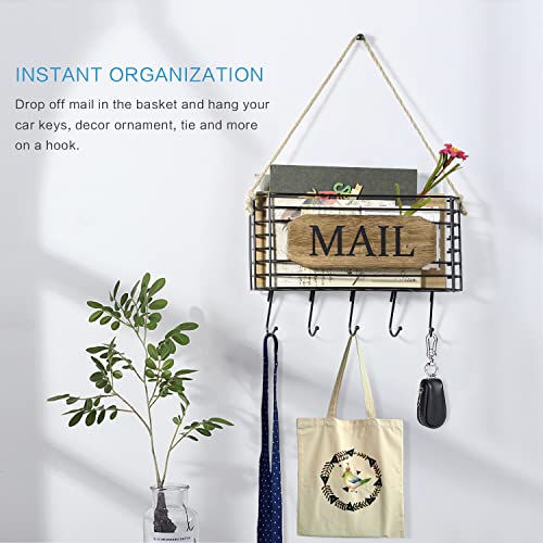 SRIWATANA Mail Organizer Wall Mount, Rustic Mail Holder Key Holder for Wall with Hooks, Small Size, Carbonized Black - color: Carbonized Black, size: Small