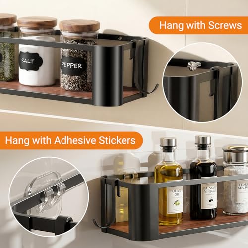 2 Pack Wall Mounted Spice Rack with 2 Hooks, Spice Organizer Shelf for Stove Cabinet Pantry Door, Screw or Adhesive Spice Shelf Hanging Wall Spice Rack in Kitchen and RV (Black, 2 Pack)