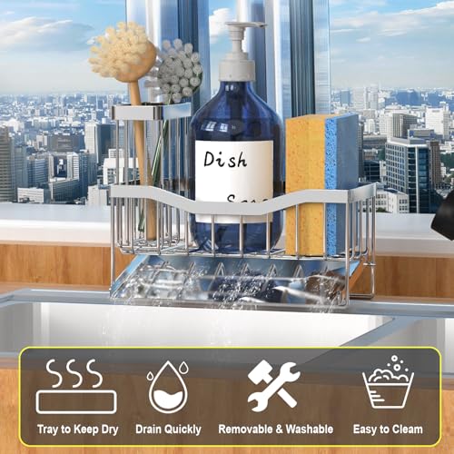 Fssvcd Maifan Sink Caddy Sponge Holder for Kitchen with Brush Holder and Stainless Steel Self Drain Tray, Rustproof Kitchen Sink Organizer for Sponge, Soap Dispenser Storage Accessories - color: Silver