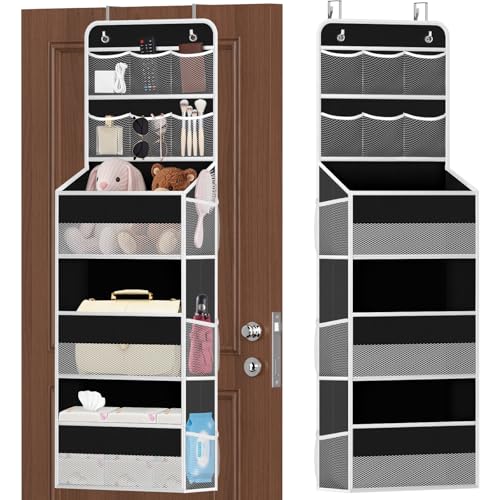 SpaceHacks 5-Tier Over the Door Organizer with Mesh Pockets, Baby Nursery Storage for Closet, Bathroom and Bedroom, Adjustable Hanging Closet Organizer for Cosmetics, Books and Essentials (Black) - color: Black, size: 5-Tier