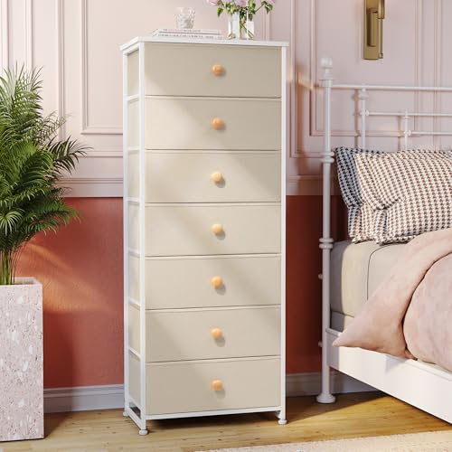 Crestlive Products Tall Dresser, 7-Drawer Fabric Storage Tower, Chests of Drawers - Vertical Organizer Unit for Bedroom, Hallway, Entryway, Nursery, Closets - Steel Frame, Wood Top & Handles (Beige) - color: Beige, style: Narrow-7 Drawers