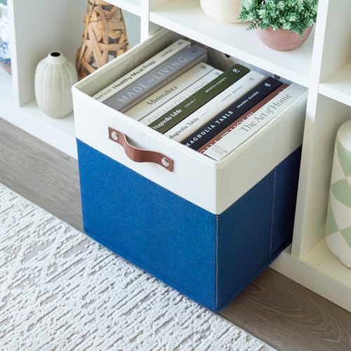 OrganiHaus 12" x 12" x 12" Fabric Cube Storage Bins - Set of 4, Cube Fabric Organizer Bins with Vegan Handles, Kallax Storage Cubes, 12 Inch Cubic Baskets for Shelves - Navy Blue - color: Navy Blue Base / Off-White, size: (12x12) Leather Handles
