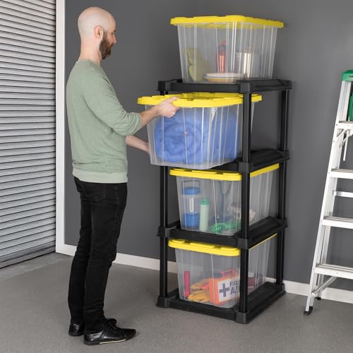 Sterilite 4 Tier Tote Rack, Vertical Plastic Organizer with 4 Pack 27 Gallon Industrial Storage Totes, Clear - for Garages, Workshops, or Basements - size: 27 Gallon - Clear/Yellow + Tote Rack