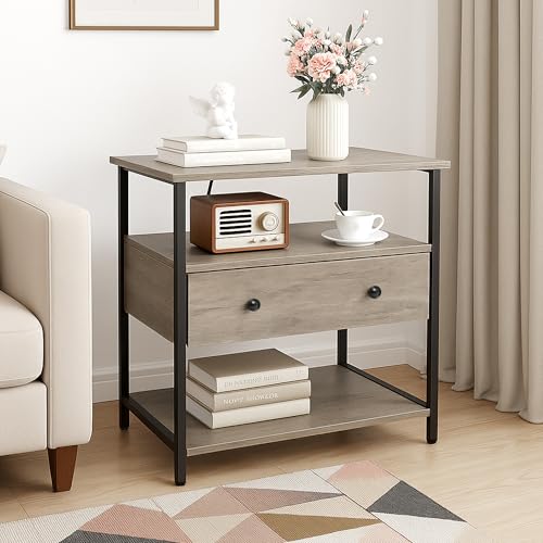 Edbuosy 27 Inch Wide Night Stand with Charging Station, Wood Nightstand with Open Shelf, Large Drawer Bedside Table for Living Room/Bedroom/Office (Rustic Gray) - color: Rustic Gray, size: 1 Drawer