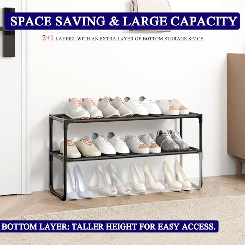 Long Shoe Rack, 2-Tier Stackable Shoe Organizer for Closet, Entryway, Hallway, Extra Bottom Layer, Holds 12-15 Pairs, Sturdy & Durable Waterproof Fabric Shelf, Space-Saving,Black(35.8" Wide) - size: 2-Black