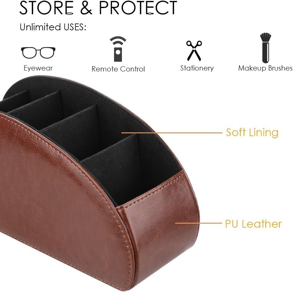 Remote Control Holder with 5 Compartments, PU Leather Remote Caddy Desktop Organizer for TV DVD Blu-Ray Media Player and Heater Controllers, Multifunction Tabletop Storage Box, Brown - color: Brown