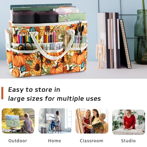 E-WEICHEN Craft Organizer Tote Bag Art Storage Caddy with Multiple Pockets Containers for Art,Craft,and Office Supplies Storage.Pumpkin Flower - color: Pumpkin Flower