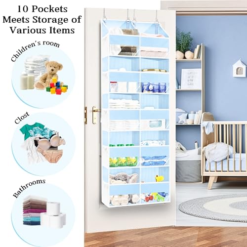 Blue Over the Door Organizer 5 Tiers, Extra Large Behind Door Storage of 10 Compartments, 80 lbs Weight Capacity Hanging Storage Organizer with Clear Window Kids Toys, Shoes, Diapers, Room storage - color: Blue - 5 Tiers