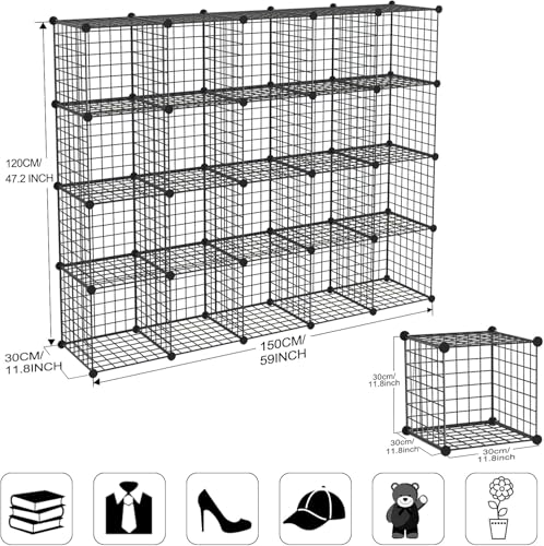 TUMUCUTE Wire Storage Cubes, Metal Storage Shelves Bookshelf, Stackable Modular Closet Organizer for Bedroom Living Room, Office, Black (20-Cube, Iron) - color: Iron, size: 20 Cubes