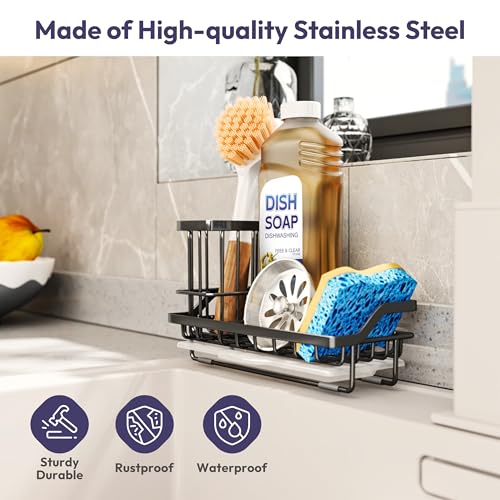 SWTYMIKI Sink Caddy Sponge Holder - Kitchen Sink Organizer with High Brush Holder for Countertop to Hold Dish Soaps and Sponges, Stainless Steel, Black - color: Black, size: Medium