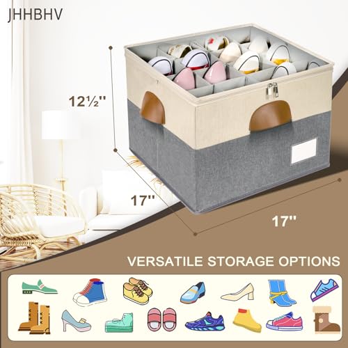 2 Pack Shoe Organizer for Closet, Adjustable Shoe Box Storage Containers, Large Foldable Shoe Bins with Clear Cover, Space Saving Shoes Holder with 4 Handles, Fits 16-32 Pairs, Beige - color: Beige and Grey, size: (2 Pack) 17"L x 17"W x 12 ½"H
