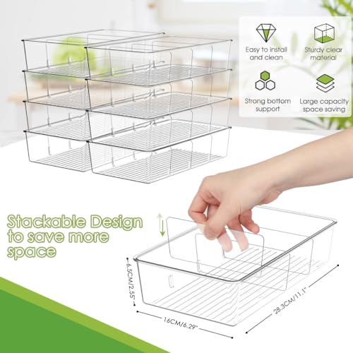 ZIZOTI Snack Organizer for Pantry Shelf, 8 Pack Clear Plastic Pantry Storage Bins with 3 Dividers for Snacks, Spices, Chips Food Organizer, Stackable Pantry Organizers for Kitchen, Fridge, Cabinet - color: 8 Pack