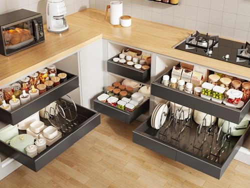 Seinloes 6 Pack Pull out Cabinet Organizer 21"Deep with Raising Pad for Framed Cabinets, Expandable Slide out Drawers for Kitchen Cabinets with 6pcs Divider Racks, Roll out Shelves 12.1"-20.4" W Black - color: Black, size: 12.1"-20.4"W x 21"D(6Pack)