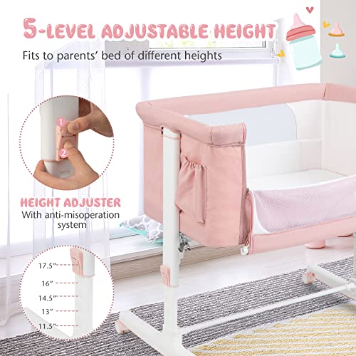 BABY JOY Bassinet Bedside Sleeper, 3 in 1 Folding Crib w/Adjustable Height, Mattress, Lockable Wheels, Storage Pocket & Carry Bag for Infant Newborn, Stationary & Rock, Portable Baby Bassinet (Pink) - color: Pink