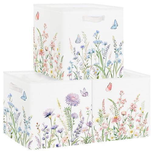 11.8" Wild Flower Storage Cube Organizer Set 3Pcs Clothes Storage Basket Bin for Closet Shelf Garden Butterfly Nursery Kid Room Book Toy Chest, Plant Bush - color: Plant Bush