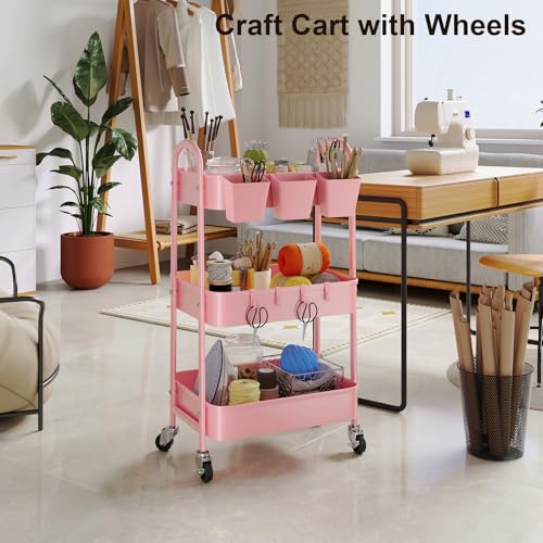 3 Tier Metal Rolling Cart with Lockable Wheels and Handle, Three Tiered Pink Trolley Cart on Wheels, Utility Storage Organizer for Bathroom, Kitchen, Teachers, Art, Crafts, Baby Diaper, Snack, Nail - color: Fashion Pink, size: 3 tier