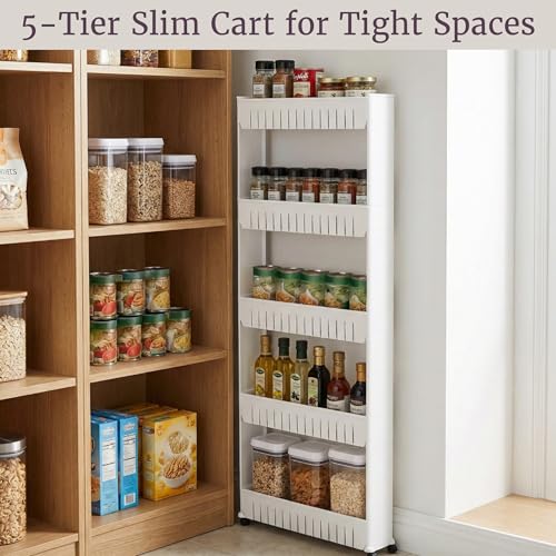Slim Rolling Storage Cart - 5-Tier Utility Cart with Wheels for Bathroom, Kitchen, and Laundry Room - Bathroom Shelves by Lavish Home (White) - size: 5-Tier