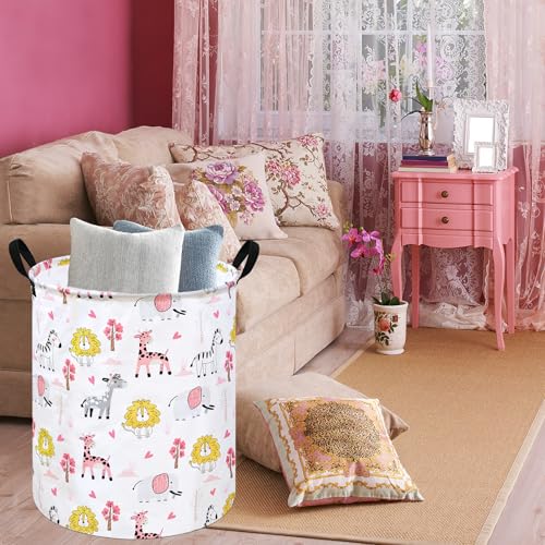 KUNRO Kids Laundry Hamper Clothes Gift Basket Storage Laundry Baskets Organizer Bin with Handles for Nursery Room (Pink Zoo) - color: Pink Zoo