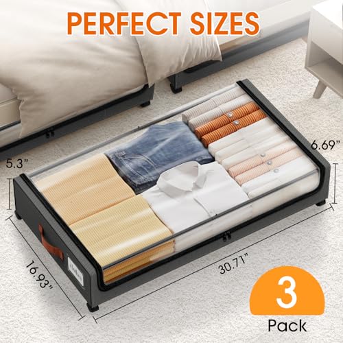 SpaceHacks Under Bed Storage with Wheels 3Pack Storage Containers with Clear Window&Label Under Bed Drawers Rolling Under Bed Storage for Clothes,Shoes, Blankets (30.71 x 16.93 x 6.69 in, Dark Grey) - color: Dark Grey, size: 3 pack
