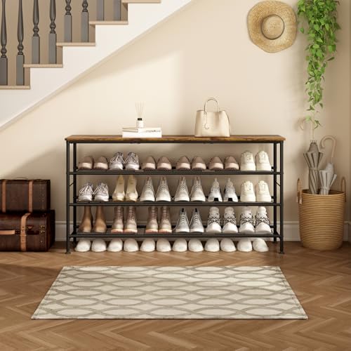 SUOERNUO Shoe Rack Organizer 4 Tier for Closet Entryway Free Standing Metal Storage Shoe Shelf with MDF Top Board (Black+Rustic Brown, Large 4 Tier) - color: Black+rustic Brown, size: Large 4 Tier