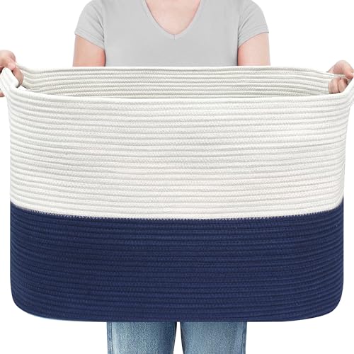 MEGASKET 108L Super Large Blanket Basket, 25" x 16" x 16" Jumbo Rectangle Basket for Blankets Living Room, Woven Cotton Rope Pillow Holder Organizer, Oversized Kids Dog Toy Storage Bin Box, Dark Blue - color: White & Dark Blue, size: 25"x16"x16"