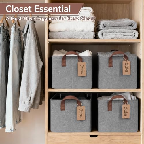 CHICVITA 4 Pack Storage Baskets for Shelves, Foldable Fabric Storage Bins with Metal Frame Handles, Closet Organizer Bins for Toys Blankets, 14.8" x 10.3" x 8.3", Gray - color: Gray, size: 20L (14.8"L x 10.3"W x 8.3"H)