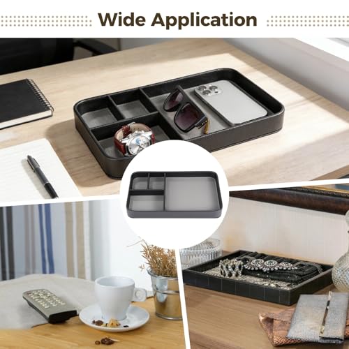 4-Compartment PU Leather Tray, Divided Catchall Organizer for Desk and Entryway, Stylish PU Leather Valet Tray, Multifunctional Storage Organizer for Phone Key Watch Wallet Jewelry