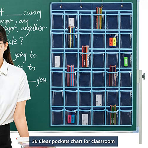 SAVERHO 36 Clear Pockets Classroom Pocket Chart for Cell Phone and Calculator Holder, Door Hanging Pocket Chart for Classroom Phone Holder with Number Sticker and Hooks (Blue) - color: Blue-1pack of 36pockets