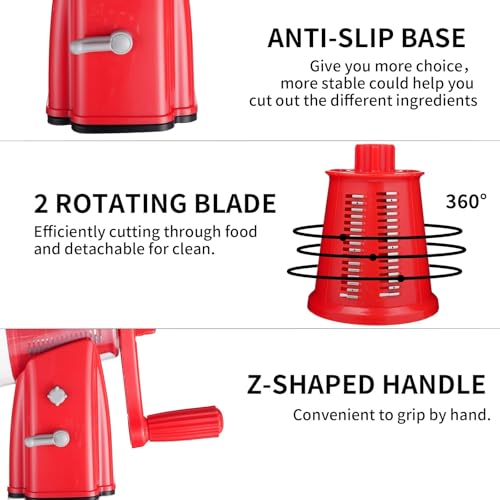 Upgrade Rotary Cheese Grater Shredder with Handle, Strong Suction Base, Multi-purpose Rotary Grater Slicer with 5 Interchangeable Blades for Ice, Vegetables, Fruit, Nuts with Blade Storage Box - color: Red