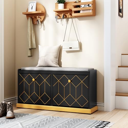 HLR Modern Shoe Bench with Storage, Entryway Bench with 2 Flip Drawer & Padded Cushion Seat, Shoes Storage Bench for Hallway, Closet, Living Room, Black Shoe Storage Cabinet with Bench - color: Black