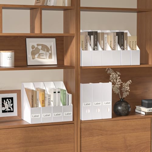 EXYGLO 12 Pack White Magazine File Holder, Cardboard Magazine Rack with Label, Foldable Storage Organizer Box for Book, Documents, 9.9x3.3x12 Inches - color: White