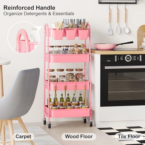 4 Tier Rolling Cart Metal with Lockable Wheels, Four Tiered Pink Trolley Cart on Wheels, Utility Storage Organizer Carts for Bathroom, Kitchen, Art, Craft, Baby Diaper Caddy, Snack, Makeup, Nail, Lash - color: Fashion Pink, size: 4 tier