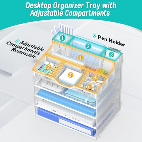 5 Tier Mesh Desk Organizer,Multi Functional Letter Paper Tray with 3 Pen Holders and 5 Adjustable Storage Compartments for Office Supplies Files and Mail Space Saving Desktop Organizer-White - color: 5 Tier-white