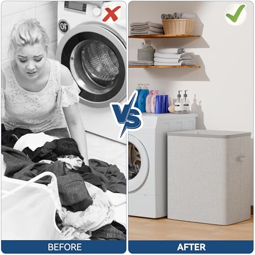 Dual Section 90 liter/23.8 gallon Laundry Hamper Separation Basket with lid, 2 Removable Washing Bags with Handles,Large Laundry Sorter for Easy Clothes Separation - Gray - size: 2 Section,Gray